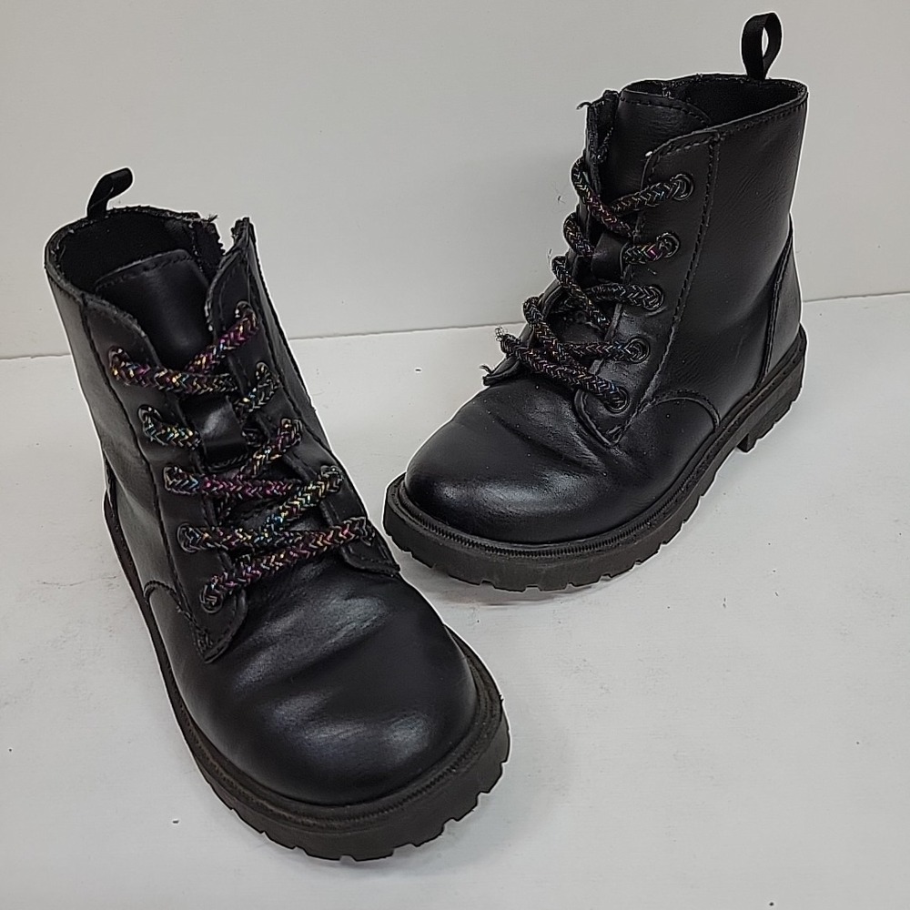 Old Navy Girls Black Combat Boots Size 8 Child Multicolor Laces Side Zipper Edgy